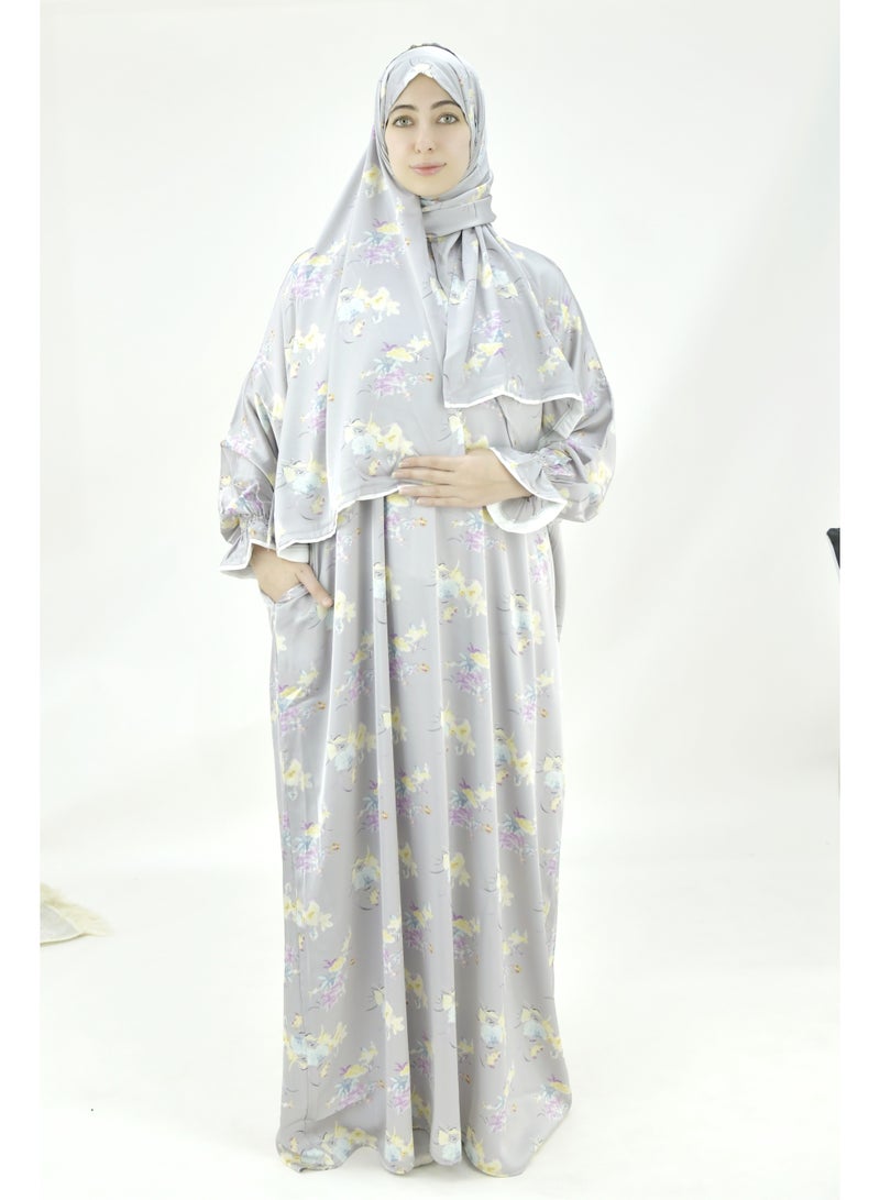  داماس كولكشن باس صلاة نسائي قطعة واحدة من قماش حرير الساتان مع وشاح متصل وجيب – ملابس صلاة شرعية مريحة - Image 2